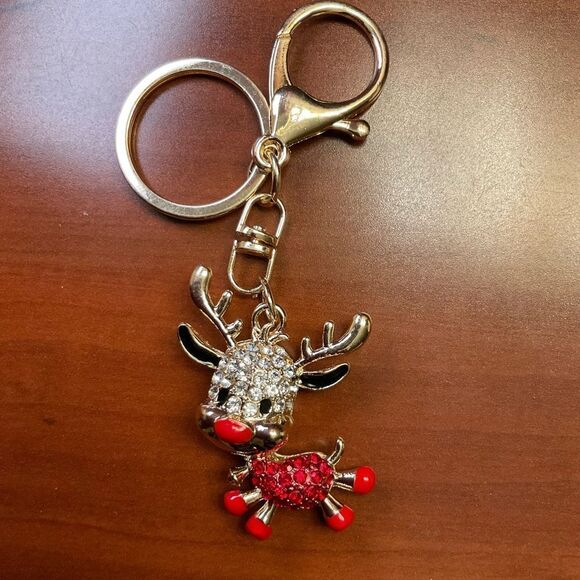 Keychain Reindeer Crystal Rhinestone Gems & Gold - Picture 3 of 6
